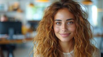 AI Generated Confident Human Resources Agent Smiling Happily While Working Online with Colleagues. Portrait of enthusiastic Hispanic woman in a modern office. photo