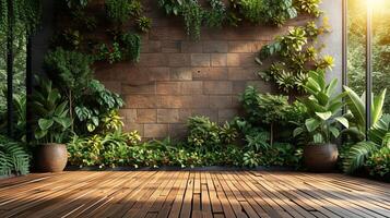 ai generado el escena muestra un vacío de madera terraza con un verde muro, allí es un madera tablón piso con un tropical estilo árbol jardín fondo, con luz de sol brillante en el árbol. foto
