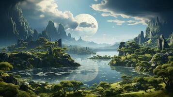 AI Generated A magical land with beautiful landscape, green grass, waterfalls, mountains, and a lake. A 3D illustration of a floating forest island isolated with clouds. Scenic landscapes with rivers photo