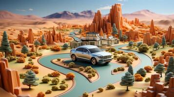 AI Generated Travel and tourism advertisement design with 3d illustration of cubical road with smart phone. Isometric piece of road land isolated on white. Creative car background and online services photo