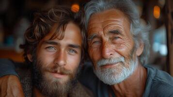 ai generado un adulto hipster hijo y un antiguo mayor padre disfrutando familia hora juntos a hogar en el medio de del padre día, ambos hombres con barbas hablando juntos y relajante con sonrisas, dos hombres foto