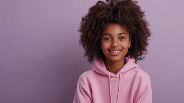 AI Generated A young happy African American boy holding a digital tablet computer while browsing the net, elearning and wearing a purple hoodie. photo
