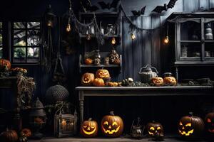 AI Generated A room decorated for Halloween with festive attributes. photo