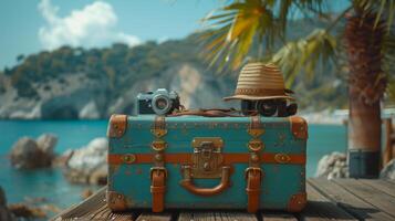 AI Generated In the background, there is a tropical sea, a beach and a palm three. A summer holiday traveling design banner with copyspace features a vintage suitcase, hipster hat, camera and passport photo
