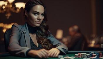 ai generado un niña jugando poker.web bandera para juego diseño, volantes, póster, bandera, en línea casino publicidad. ai foto