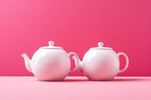 AI Generated Two white porcelain teapots lying on a pink background. photo