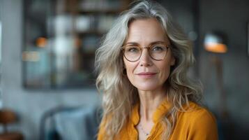 AI Generated Middle-aged elegant older professional woman leader, consultant manager, holding a digital tablet on a grey wall promoting corporate online e-learning webinars. photo