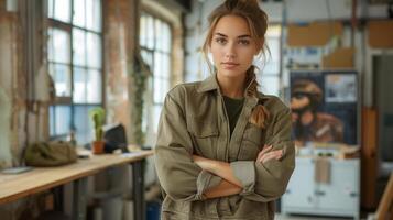 AI Generated A cool satisfied glad lady wears khaki clothes isolated over a sky light color background in full body shot photo