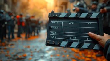 AI Generated Handwriting on a slate or clapperboard. Film crew in the studio working. photo