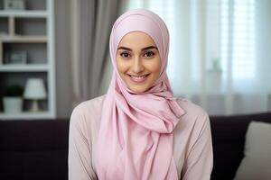 AI Generated Muslim woman with pink ribbon photo