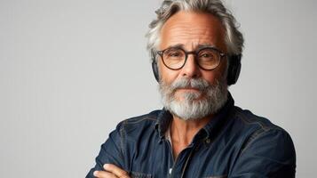 AI Generated On a white background, a confident mature man is wearing a headset and his arms are crossed. photo