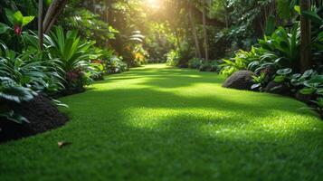 AI Generated The sun shines on the panorama and tropical gardens, and green grass. photo