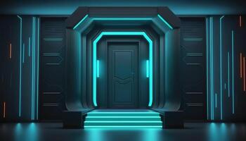 AI Generated Futuristic portal. Science fiction podium, pedestal, platform. Modern empty cyberpunk space. Technological background. Sky-fi digital hi-tech elements for presentation product. AI photo