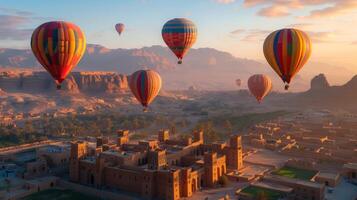 AI Generated Photo from 2020 Mar 18 of hot air balloon festival over Mada'in Saleh , Hegra ancient site, Al Ula, Saudi Arabia.