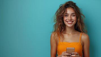 AI Generated Pretty young latina girl holding smart phone device, doing online shopping on cell, using apps on phone standing isolated on blue background. photo