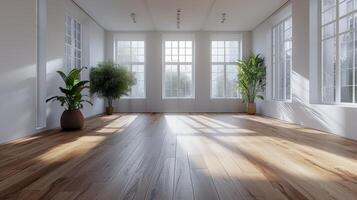 AI Generated 3D rendering of a modern empty room with wooden flooring and large white plain walls. photo