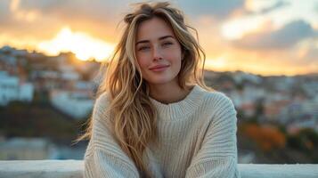 A young woman in a white sweater and black leggings is relaxing on the beach photo