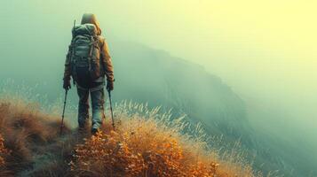 AI Generated In spring or autumn hiking on a mountain meadow in the Lusatian mountains. Hiker, backpacking on top of a mountain cliff landscape and trekking in it. photo