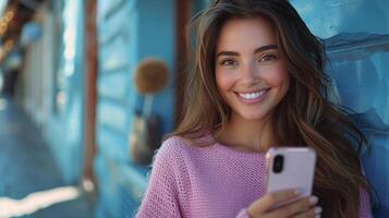 AI Generated Angry latin woman holding a mobile phone looking at smartphone, typing message, using trendy apps on cell phone, doing ecommerce shopping. Isolated on blue background. photo