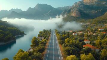 AI Generated Sunrise with low clouds and fog among the mountains in the foreground. photo