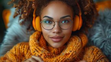 AI Generated Woman with tablet and listening to music isolated on gray background. Gen z person on digital technology, audio and electronics. photo