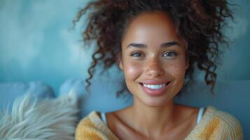 AI Generated Isolated on blue background, young happy pretty latina holds cellphone device while doing e-commerce online shopping on cell phone. photo