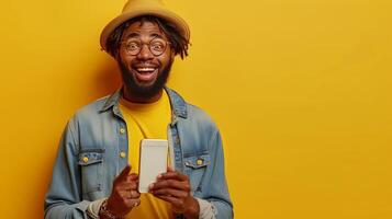 AI Generated This is a fantastic offer. Excited surprised guy holding and pointing finger at white screen of big giant cell phone, promoting application or website, advertising product or service photo