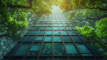 AI Generated Eco-friendly building in the city. Glass office building with trees for reducing carbon dioxide. Office with green environment. Corporate building reduces CO2. photo