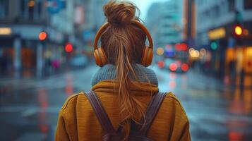 AI Generated Woman in earphones listening to music while commuting in the morning. Rear view of young woman standing in the city. This image uses intentional grain from 35mm film. photo