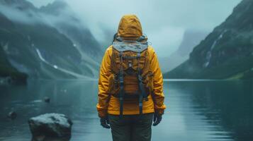 ai generado de viaje mediante el montañas en un amarillo chaqueta y mochila es un mujer en un amarillo chaqueta con un sombrero y mochila foto