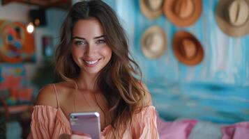 AI Generated Isolated on a blue background, a young smiling pretty latin woman holds a mobile phone, doing ecommerce online shopping on it, using apps on it. photo