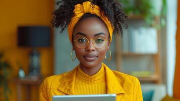 ai generado Destacados imagen es un joven africano mujer participación un digital tableta aislado en un gris fondo, haciendo deberes en educativo sitios web, utilizando útil aplicaciones, haciendo remoto trabajo en foto