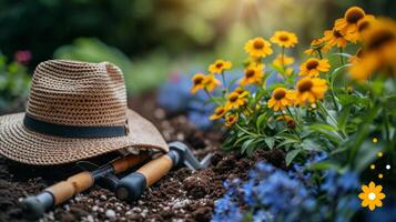 ai generado el terraza en el jardín es adornado con jardinería herramientas y flores foto