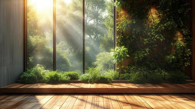 AI Generated In this 3D render, an empty wooden terrace with a green wall is shown along with a wooden plank floor and tropical style tree garden in the background with sunlight shining on the trees. photo