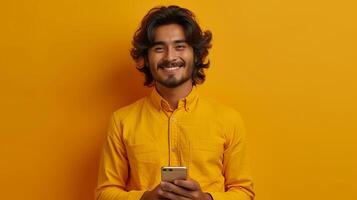 ai generado un indio joven hombre sostiene un teléfono inteligente y sonrisas mientras utilizando él. él es ordenando en línea, haciendo móvil bancario pagos, y utilizando un publicidad solicitud en el teléfono. foto