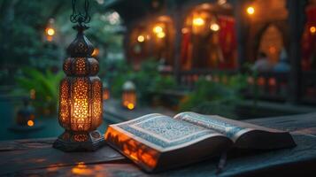 AI Generated The Holy Quran is lit and Ramadan kareem is performed photo