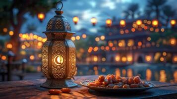 AI Generated This lantern has a moon symbol on top, and there is a small plate of dates fruit on top with light from the night sky and city bokeh background for the Muslim feast of Ramadan Kareem. photo
