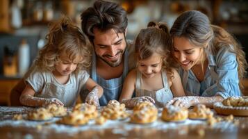 AI Generated Happy smiling parents and their young preschooler children cook and bake pies together at home on the weekend, playing in the kitchen together while baking. photo