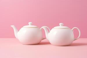 AI Generated Two white porcelain teapots lying on a pink background. photo