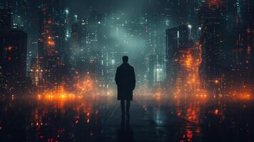 ai generado el concepto de un profesional negocio hombre caminando mediante un red ciudad a noche con un futurista interfaz gráfico, utilizando un cyberpunk color esquema foto