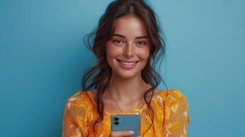 AI Generated A smiling happy female latino holding a smartphone, typing a message, doing ecommerce shopping on her phone, and using trendy apps on her phone isolated on a blue background. photo