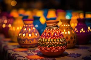 ai generado contento diwali - arcilla diya lamparas iluminado durante diwali foto