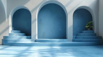 AI Generated A blue background with shadows and light. Empty podiums. Mockup. photo