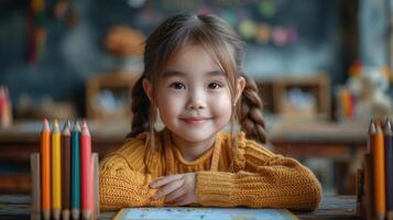 ai generado dibujo y retrato de niña en salón de clases examen, estudiando con libro o estudiando en jardín de infancia. preescolar sonrisa, desarrollo, y niño colorante para creativo Arte en cuaderno. foto