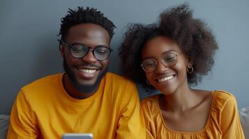 AI Generated Two attractive African-Americans holding smart phones while having fun on the internet, guy explaining new cool free online application to girl, showing pictures with finger, isolated on photo