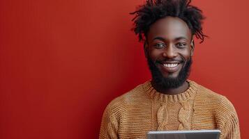 AI Generated Happy, mature and African male reading an email and typing on a tablet in front of a red studio background. photo