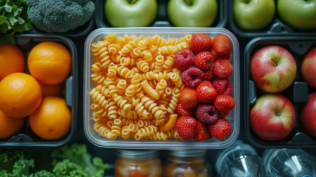 AI Generated A top view photo depicting a lunch box, fruits and a water bottle on a white isolated background offers ample room for text or advertising.