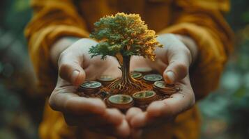 AI Generated The concept of eco-business investment. Green business growth. A man holding a coin with a tree growing on the stack of money coins. Finance sustainable development. Increase of renewable photo