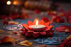 AI Generated Oil lamps lit on colorful rangoli during diwali celebration photo