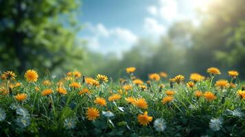 ai generado verano primavera Perfecto natural paisaje presentando Fresco pastos y amarillo diente de león flores en un prado. foto